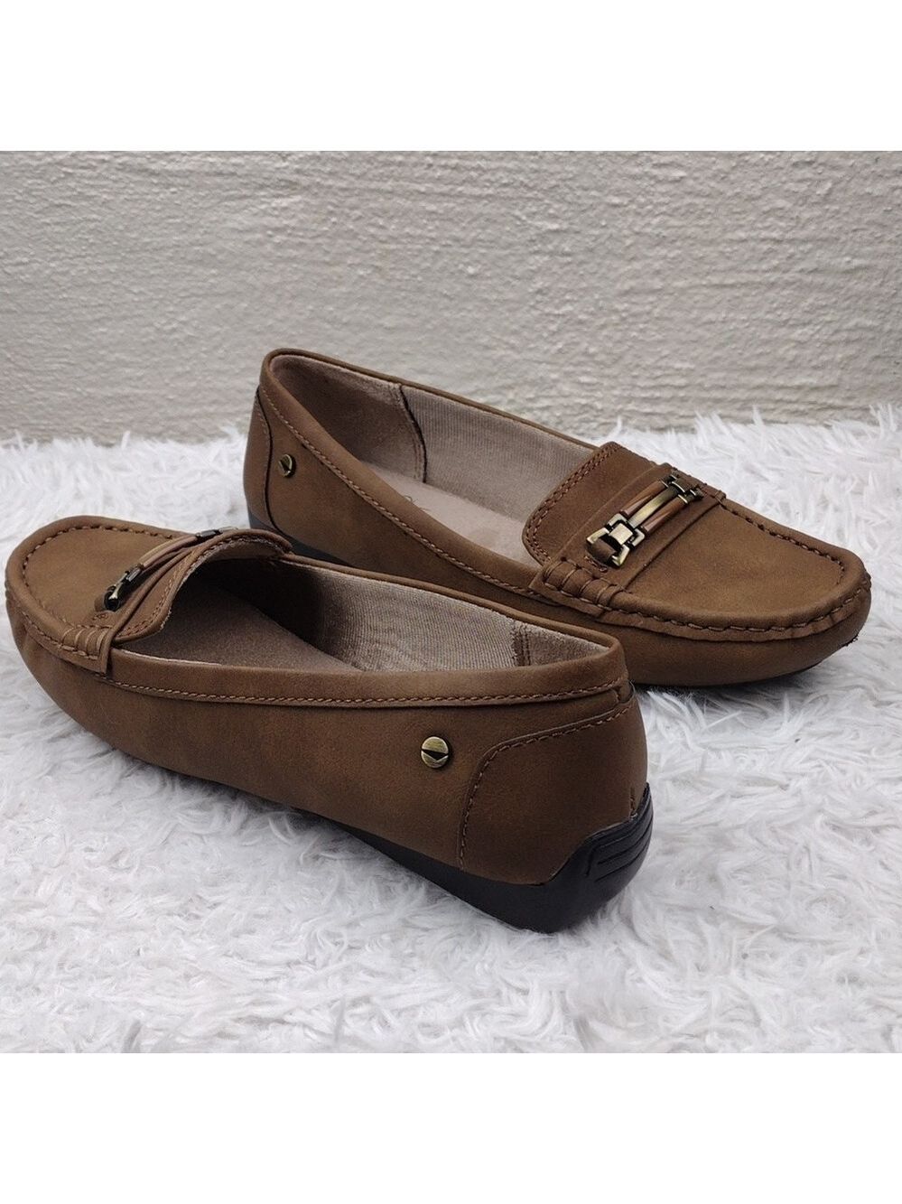 Life Stride Velocity Tan Faux Leather Almond Toe Low Wedged Heel Slip On Loafer